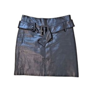 Vtg Cache Y2K Black  Leather Belted Mini Skirt Sz 8Rocker Edgy Grunge Punk Moto